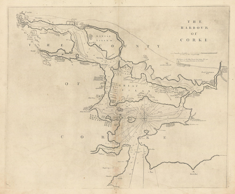The Harbour of Corke. CORK HARBOUR sea chart. Ireland. COLLINS 1723 old map