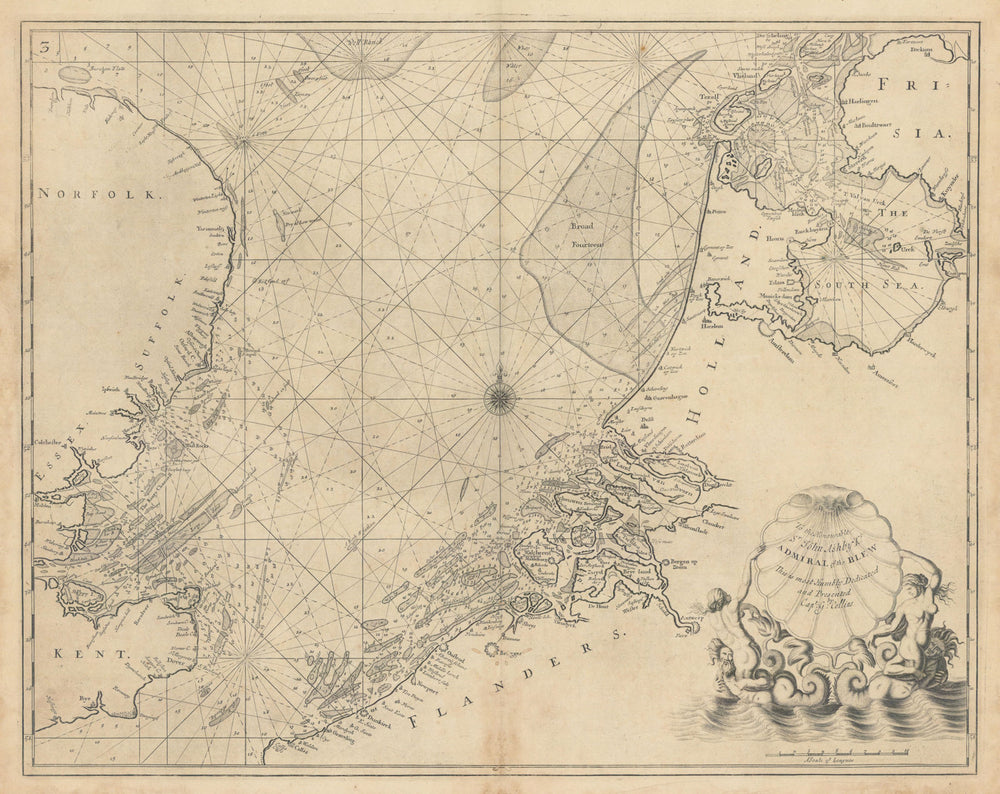 NORTH SEA coast chart. East Anglia Kent Holland Flanders. COLLINS 1723 old map