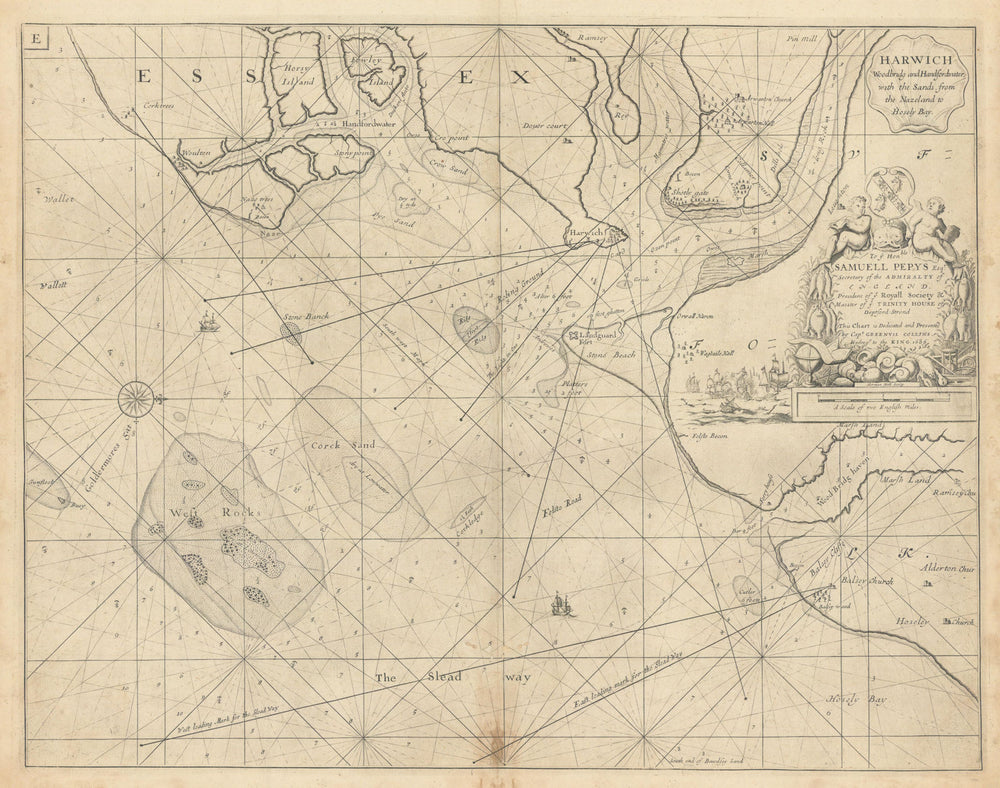 HARWICH, Orwell, Stour, Deben & Hamford Water sea chart. COLLINS 1723 old map