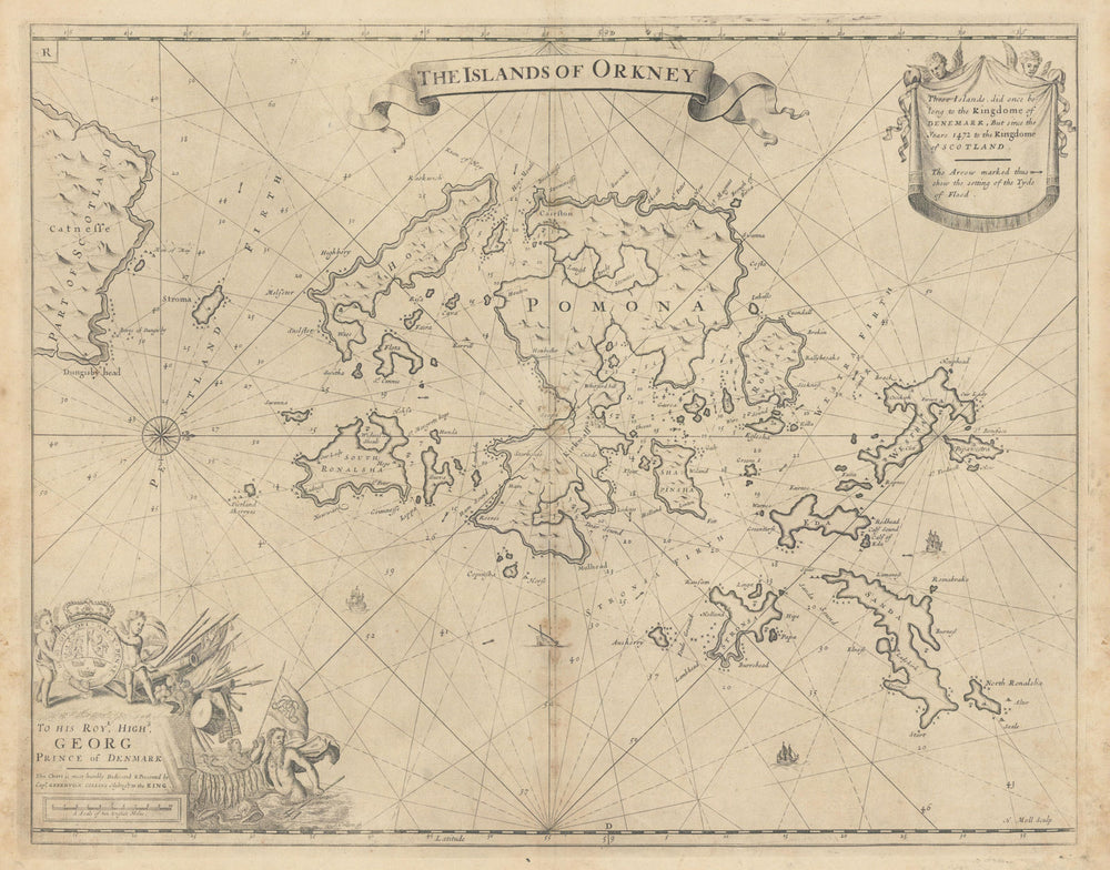 The Islands of Orkney sea chart by Capt G. COLLINS. Pomona Hoy &c 1723 old map