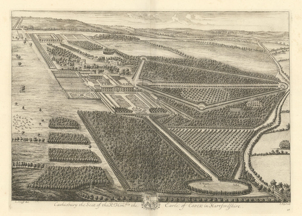 Cassiobury House, Watford by Kip & Knyff. "Cashiobury". Hertfordshire 1709