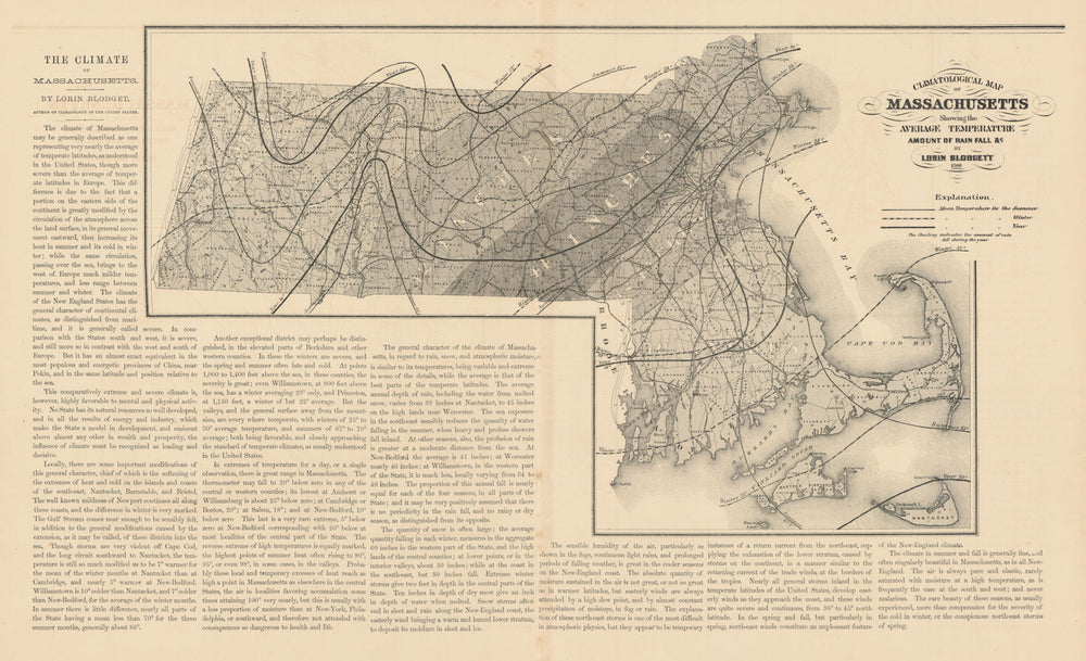 Climatological map of Massachusetts… average temperature. BLODGETT 1871