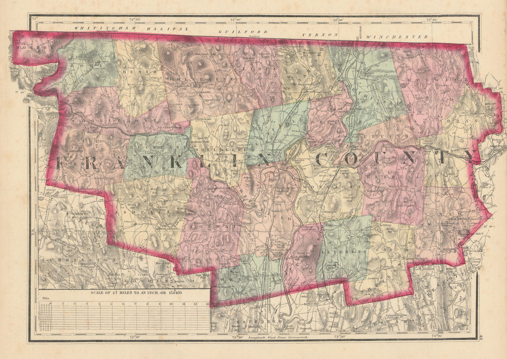 Franklin County, Massachusetts. WALLING & GRAY 1871 old antique map plan chart