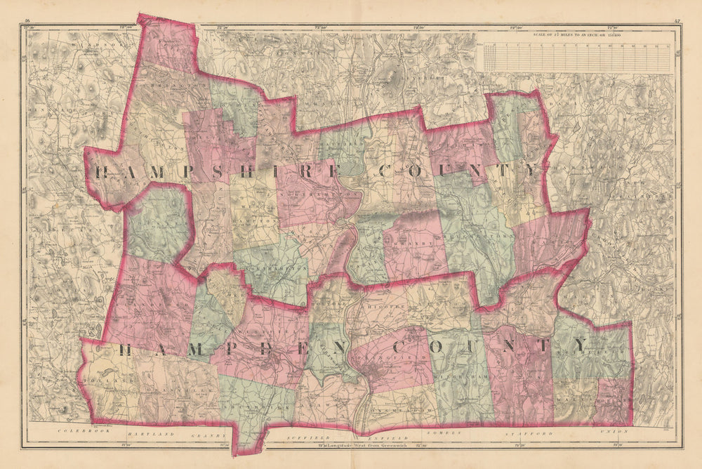 Hampshire County & Hampden County, Massachusetts. WALLING & GRAY 1871 old map