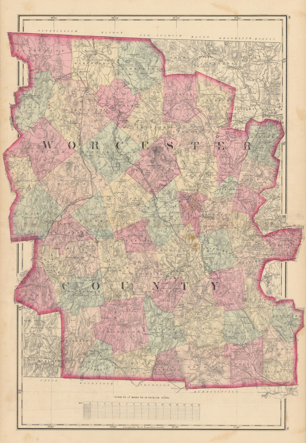Worcester County, Massachusetts. WALLING & GRAY 1871 old antique map chart
