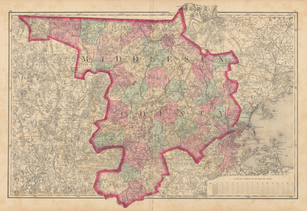 Middlesex County, Massachusetts. WALLING & GRAY 1871 old antique map chart