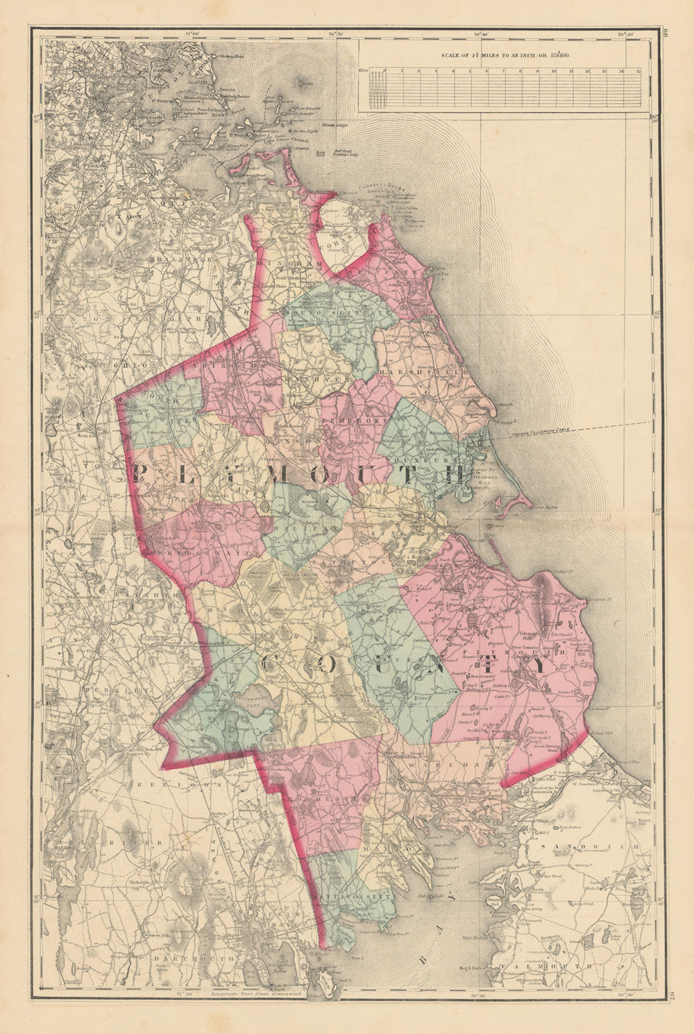 Plymouth County, Massachusetts. WALLING & GRAY 1871 old antique map plan chart