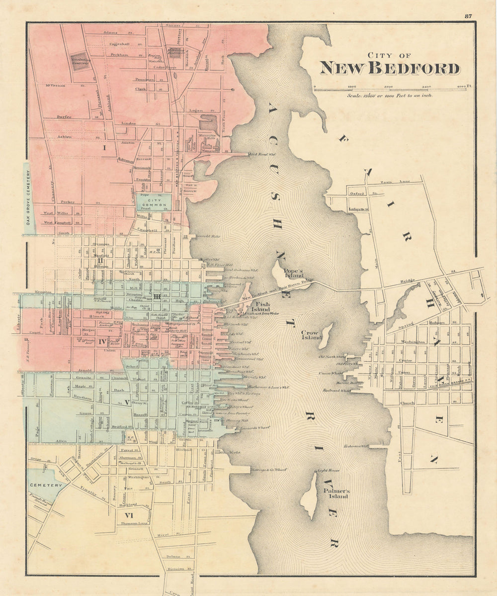 City of New Bedford, Massachusetts. Town plan. WALLING & GRAY 1871 old map