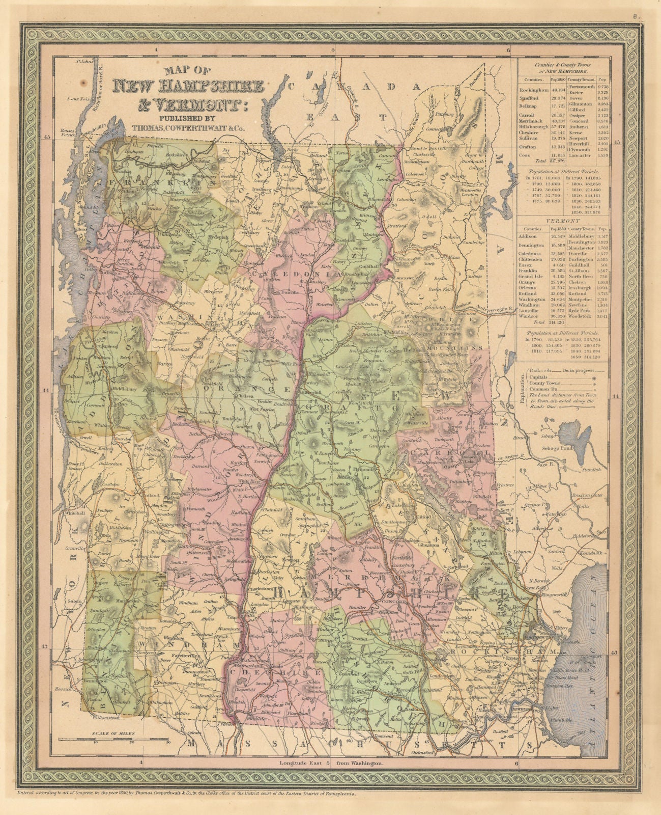 Map of New Hampshire & Vermont. State map with counties. COWPERTHWAIT ...