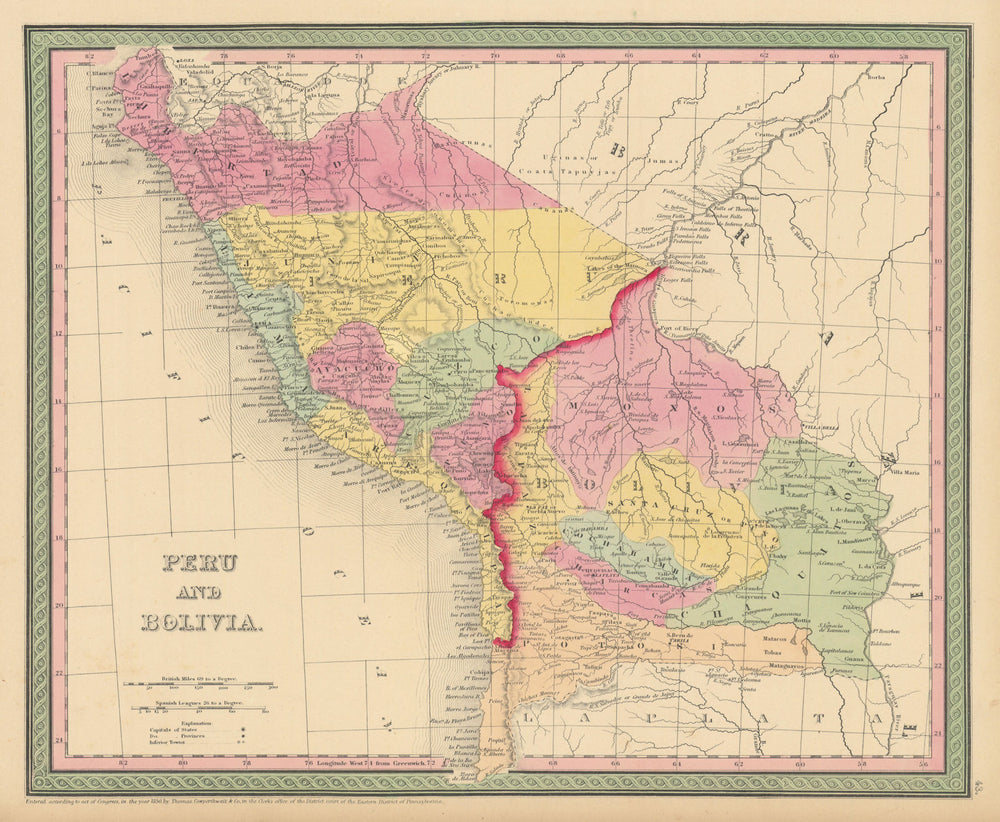 Peru and Bolivia, including Litoral. THOMAS, COWPERTHWAIT 1852 old antique map