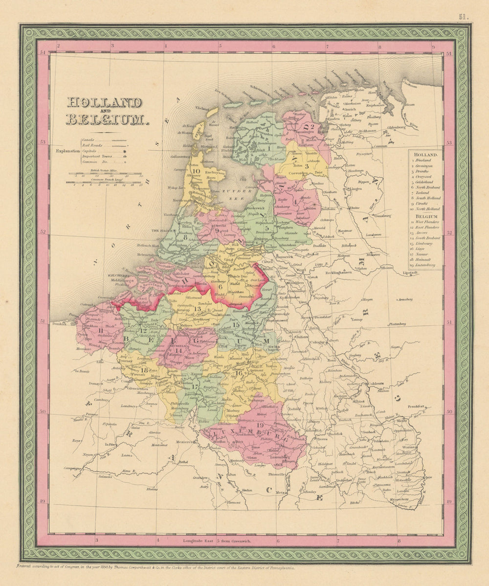 Holland and Belgium. Netherlands Luxembourg. THOMAS, COWPERTHWAIT 1852 old map