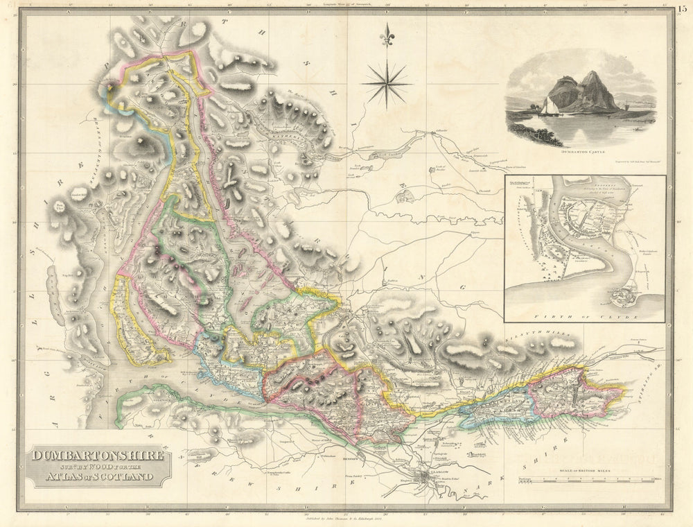 Dunbartonshire & Dumbarton town plan. Glasgow Lomond Trossachs. THOMSON 1832 map