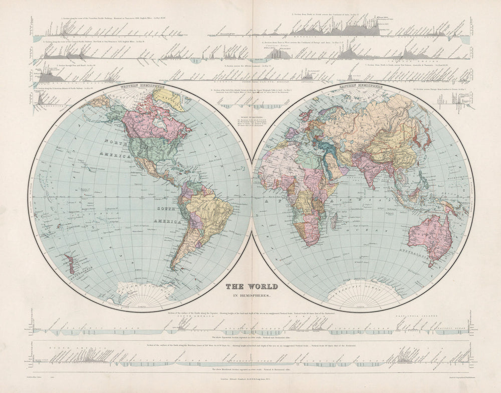 World In Hemispheres with Continental sections. Large 61x49cm. STANFORD 1904 map