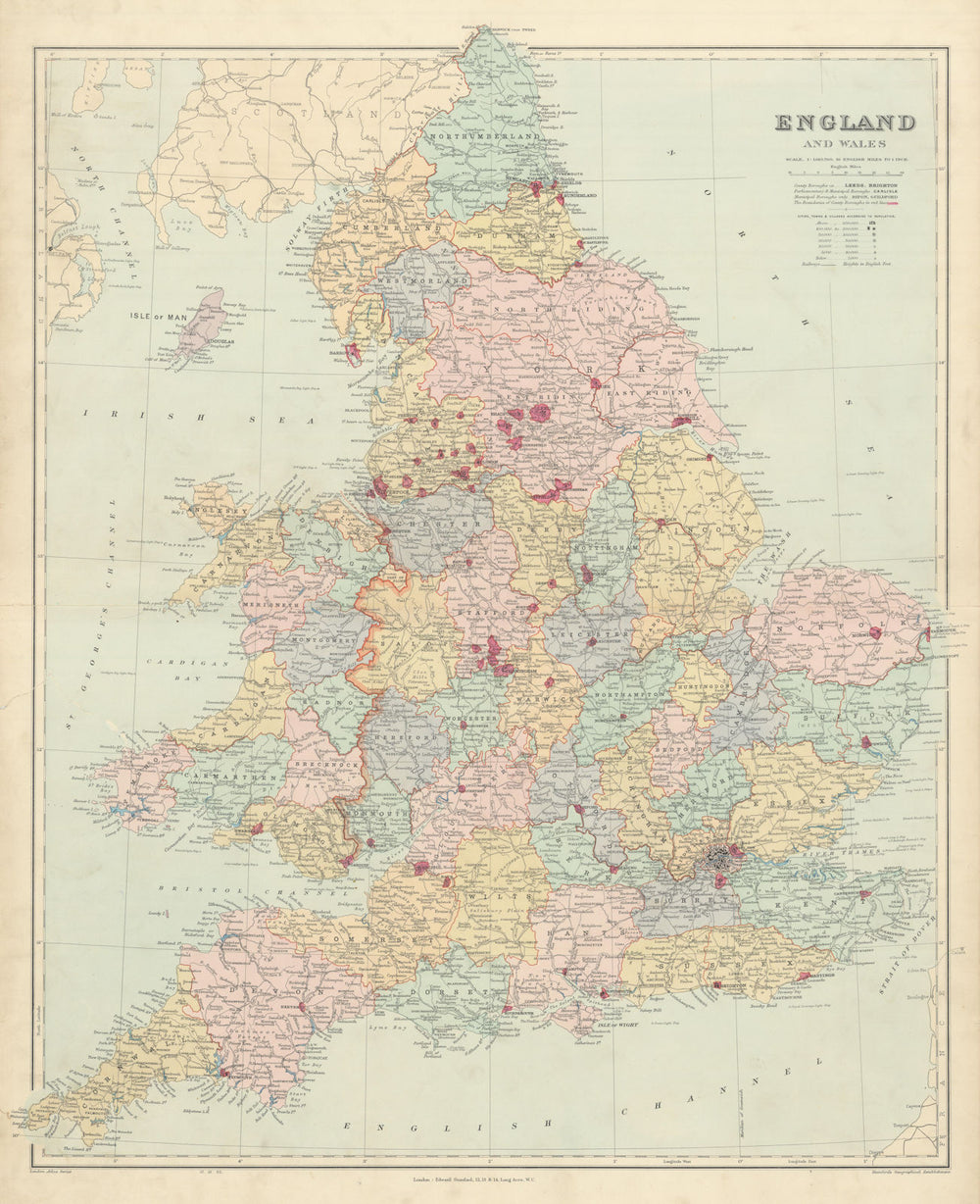 England and Wales in counties. Railways. Large 68x55cm. STANFORD 1904 old map
