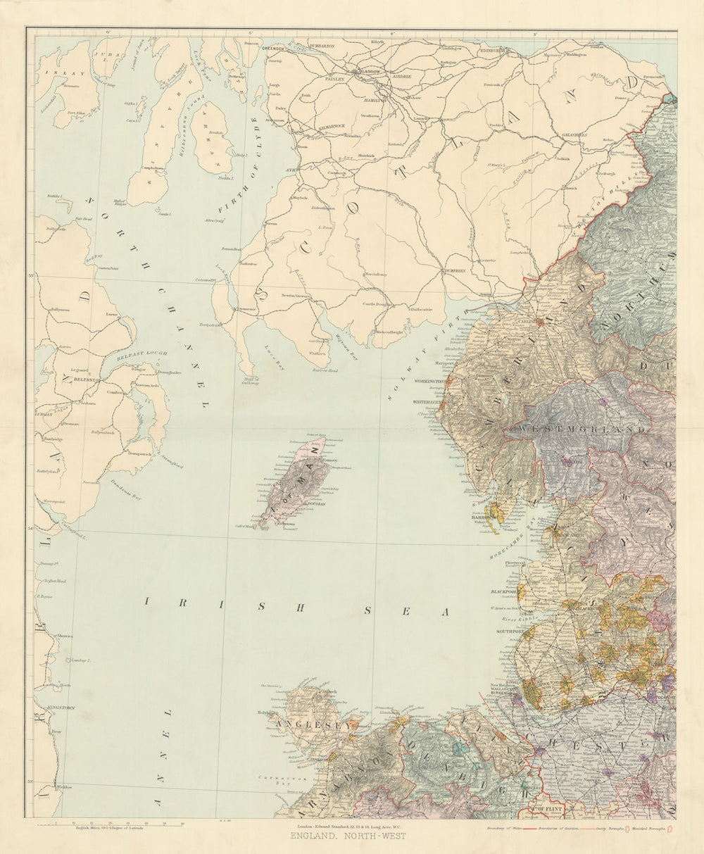 North west England & North Wales. Isle of Man. Large 62x50cm. STANFORD 1904 map
