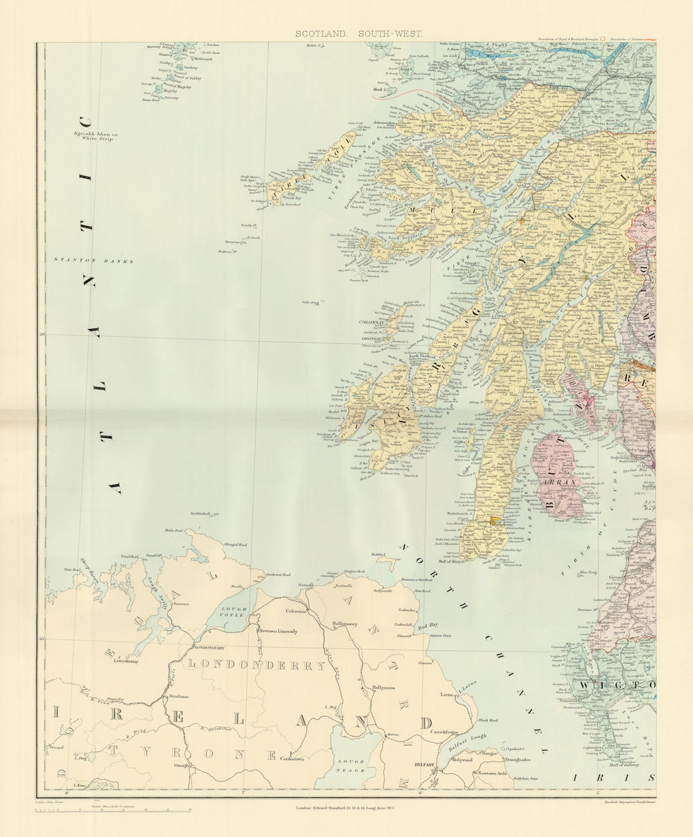 Scotland S.W. Argyll Islay Jura Kintyre Mull Tiree. 61x50cm. STANFORD 1904 map
