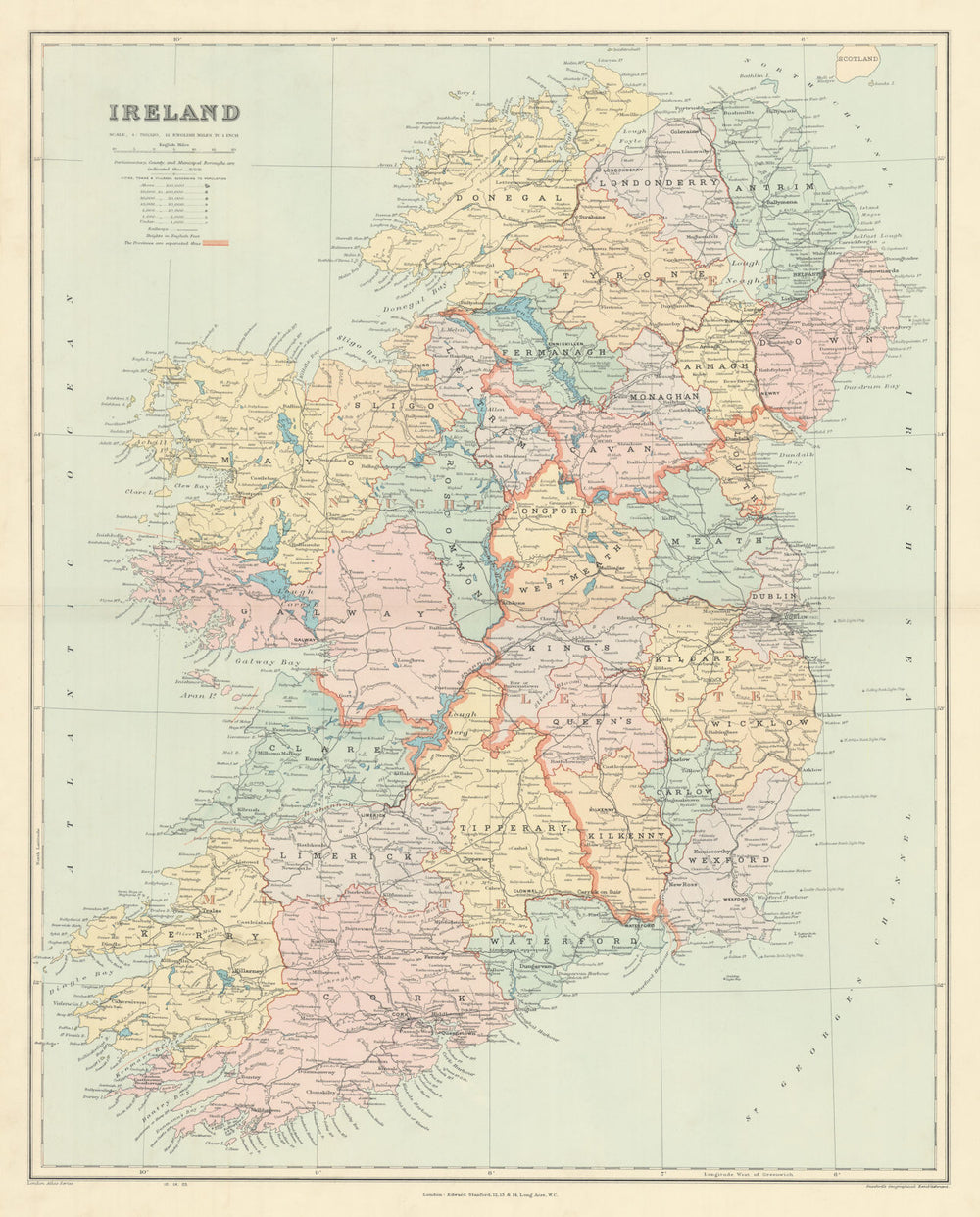 Ireland. Counties, railways & provinces. Large 64x52cm. STANFORD 1904 old map