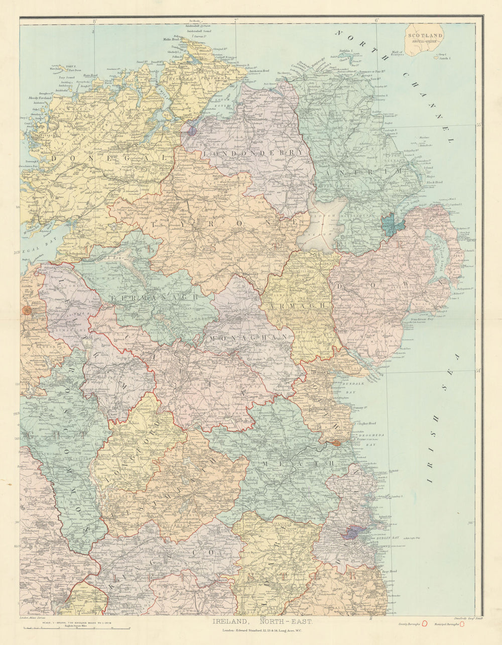 Ireland north-east Ulster Down Antrim Armagh Londonderry &c. STANFORD 1904 map