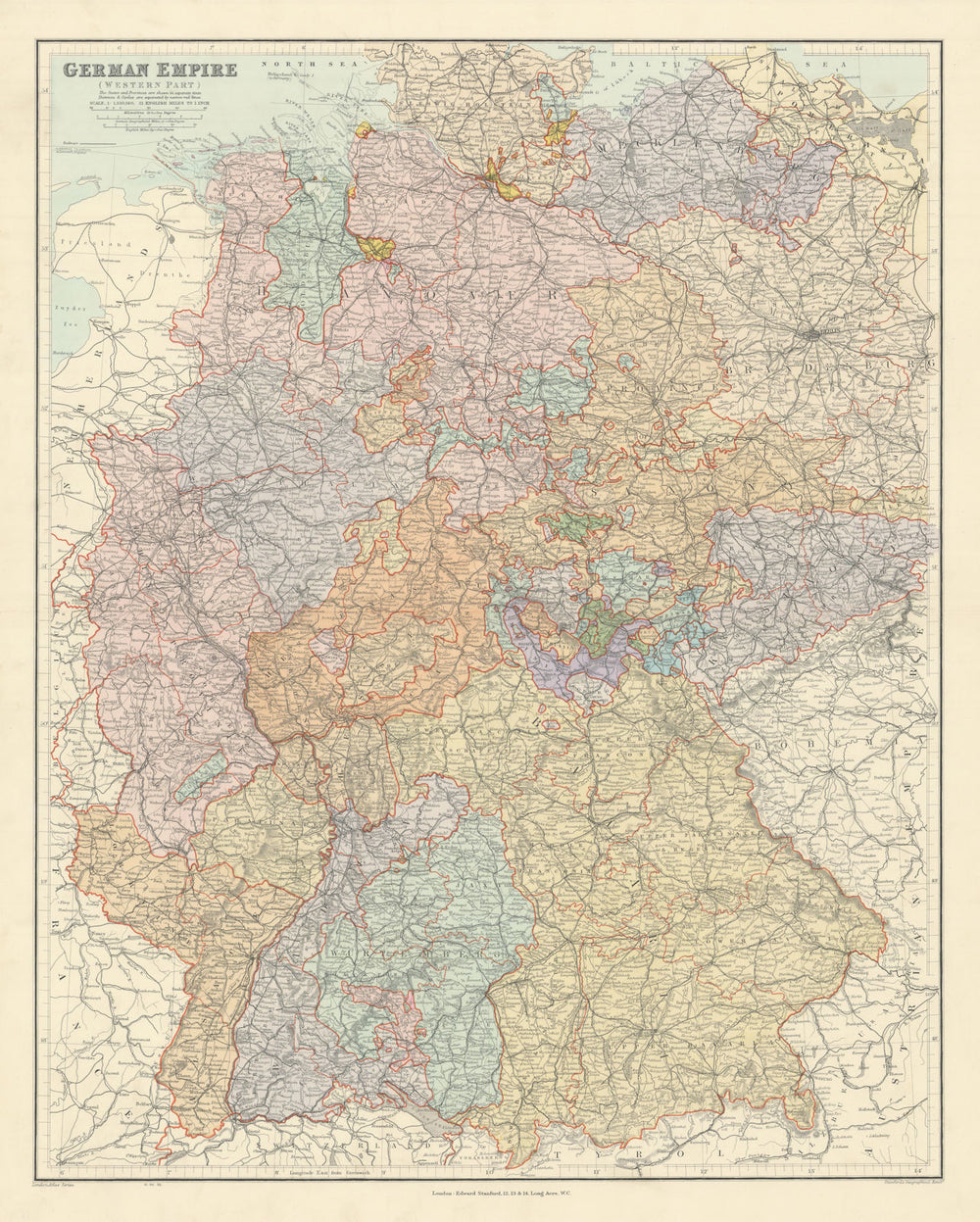 German Empire west. Germany w/ Alsace Lorraine. 65x52cm. STANFORD 1904 old map