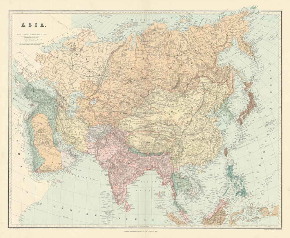 ASIA Japanese Formosa British India Siam Oman Abu Debi (Dhabi) STANFORD 1904 map