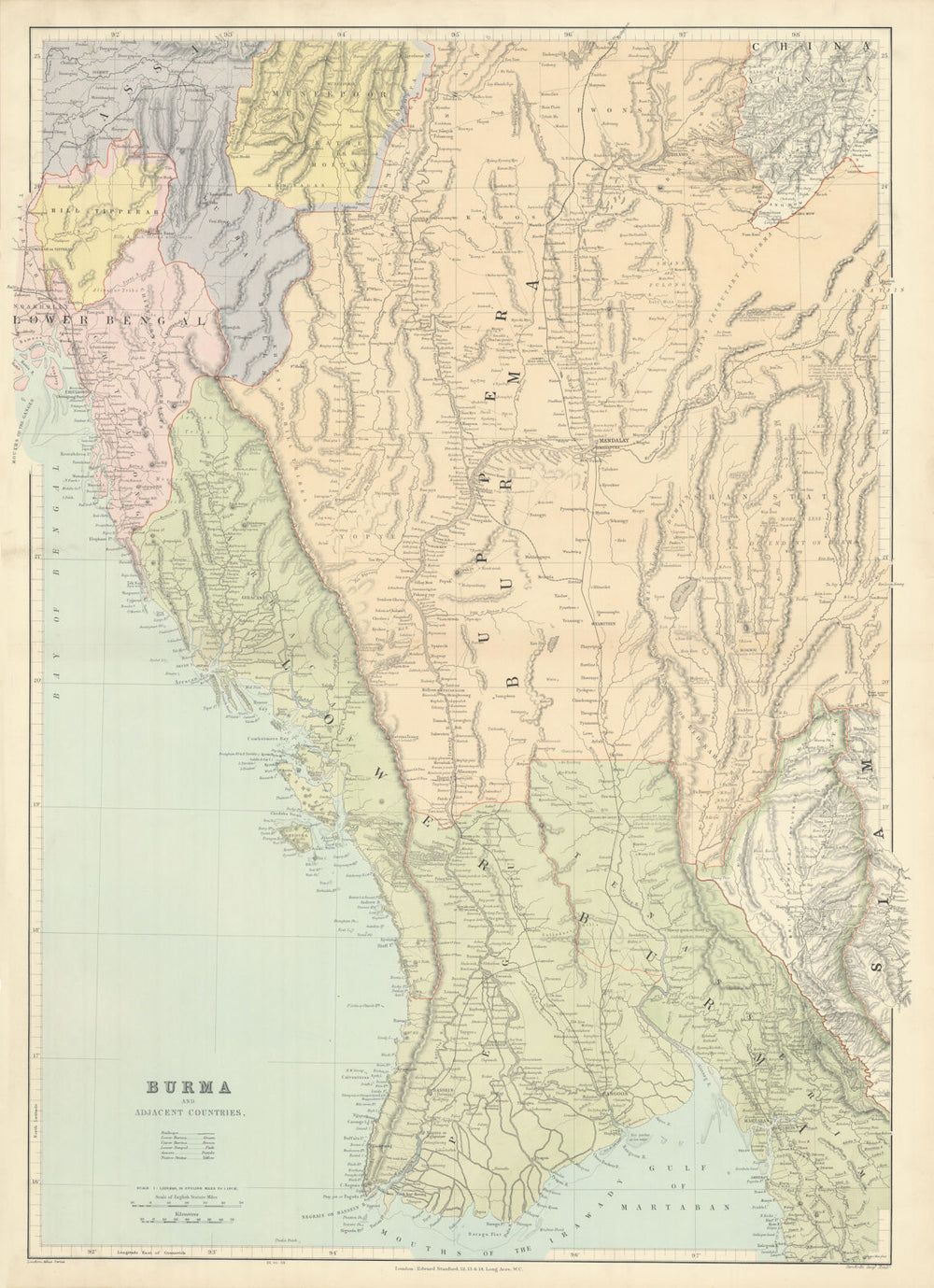 Burma & Adjacent Countries. Myanmar Bengal Assam. 75x54cm. STANFORD 1904 map