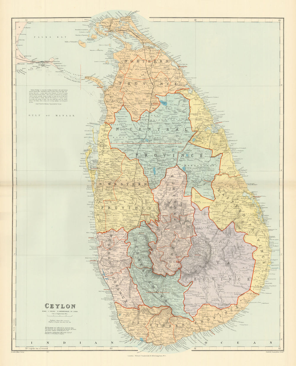Ceylon. Sri Lanka. Provinces & railways. Large 66x53cm. STANFORD 1904 old map