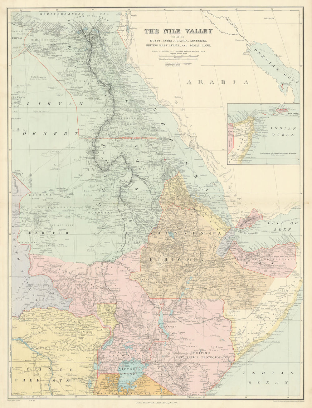 Nile Valley. Egypt Sudan Uganda Kenya Ethiopia Somalia 72x55cm STANFORD 1904 map