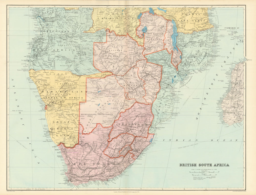British Southern Africa. Rhodesia Bechuanaland Botswana Zambia STANFORD 1904 map