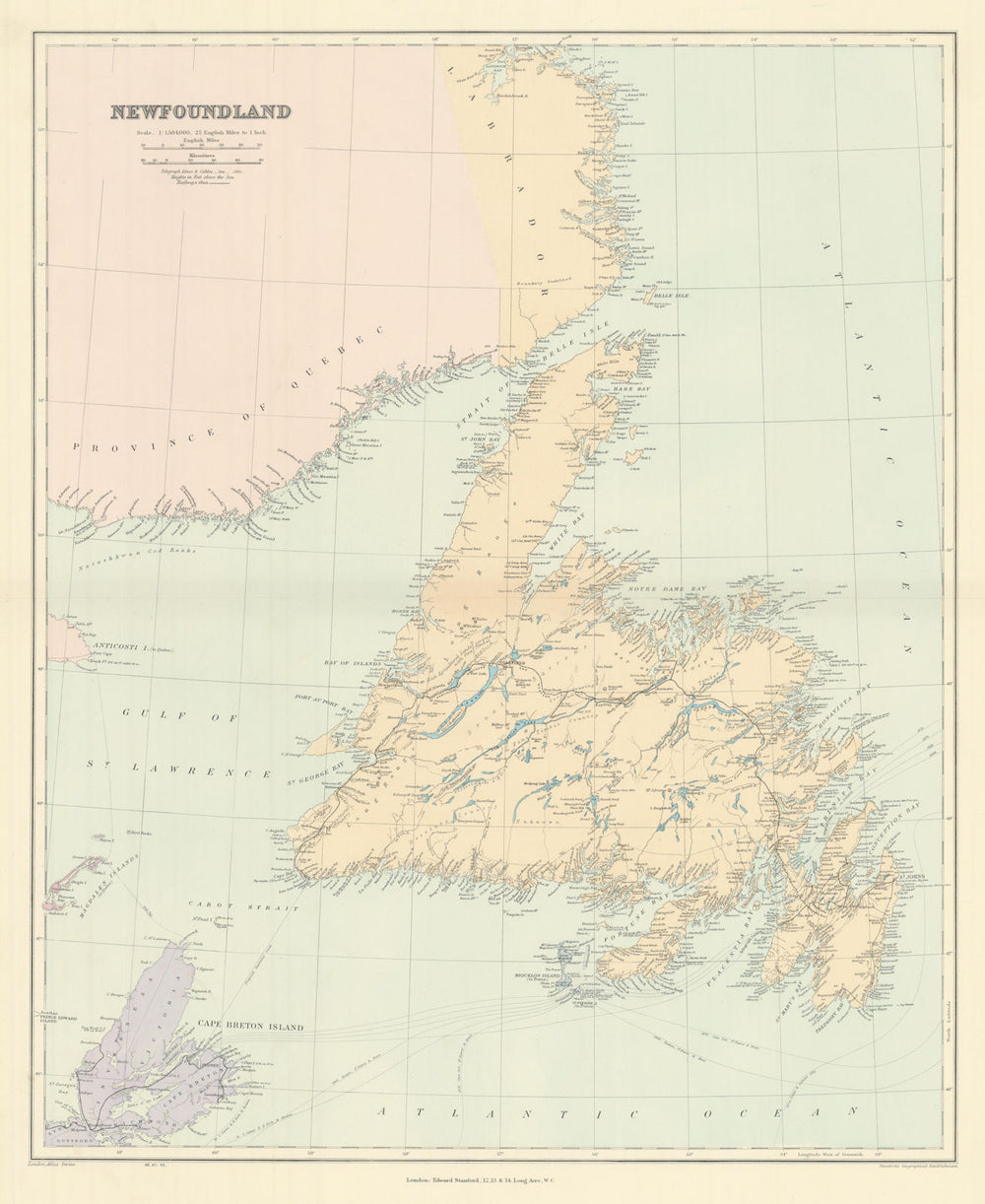 Newfoundland Labrador Cape Breton Island St Pierre & Miquelon STANFORD 1904 map