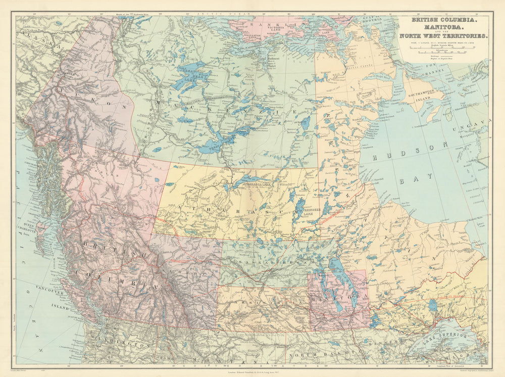 British Columbia & Northwest Territory. Manitoba Canada. STANFORD 1904 old map