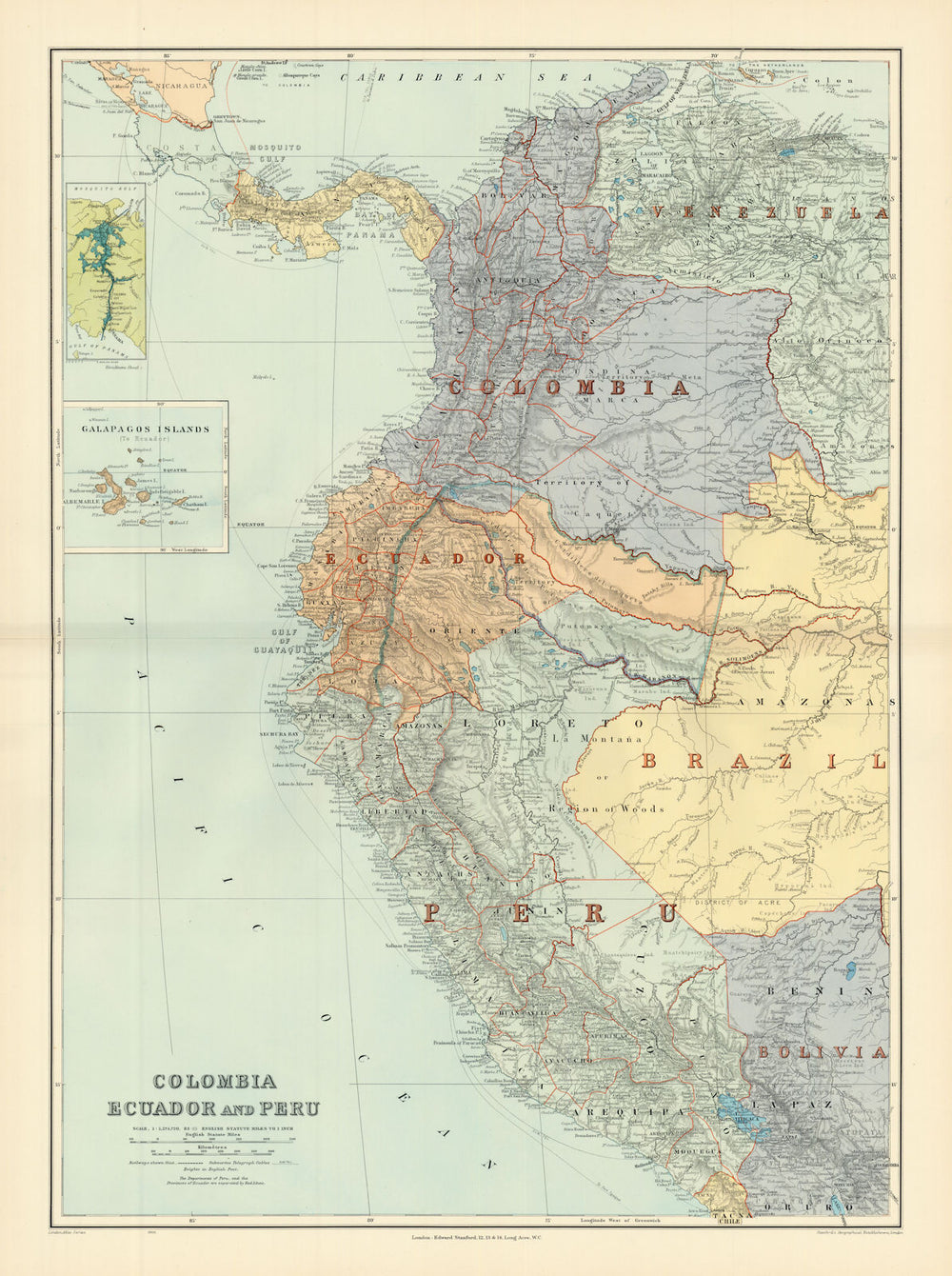 Colombia, Ecuador & Peru. Andean States. Panama canal. 71x52cm STANFORD 1904 map