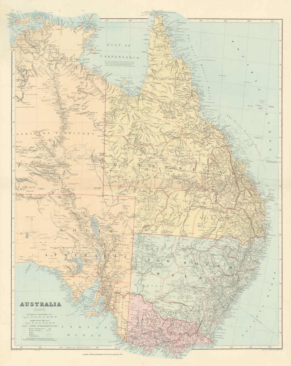 Eastern Australia. New South Wales Victoria Queensland. STANFORD 1904 old map