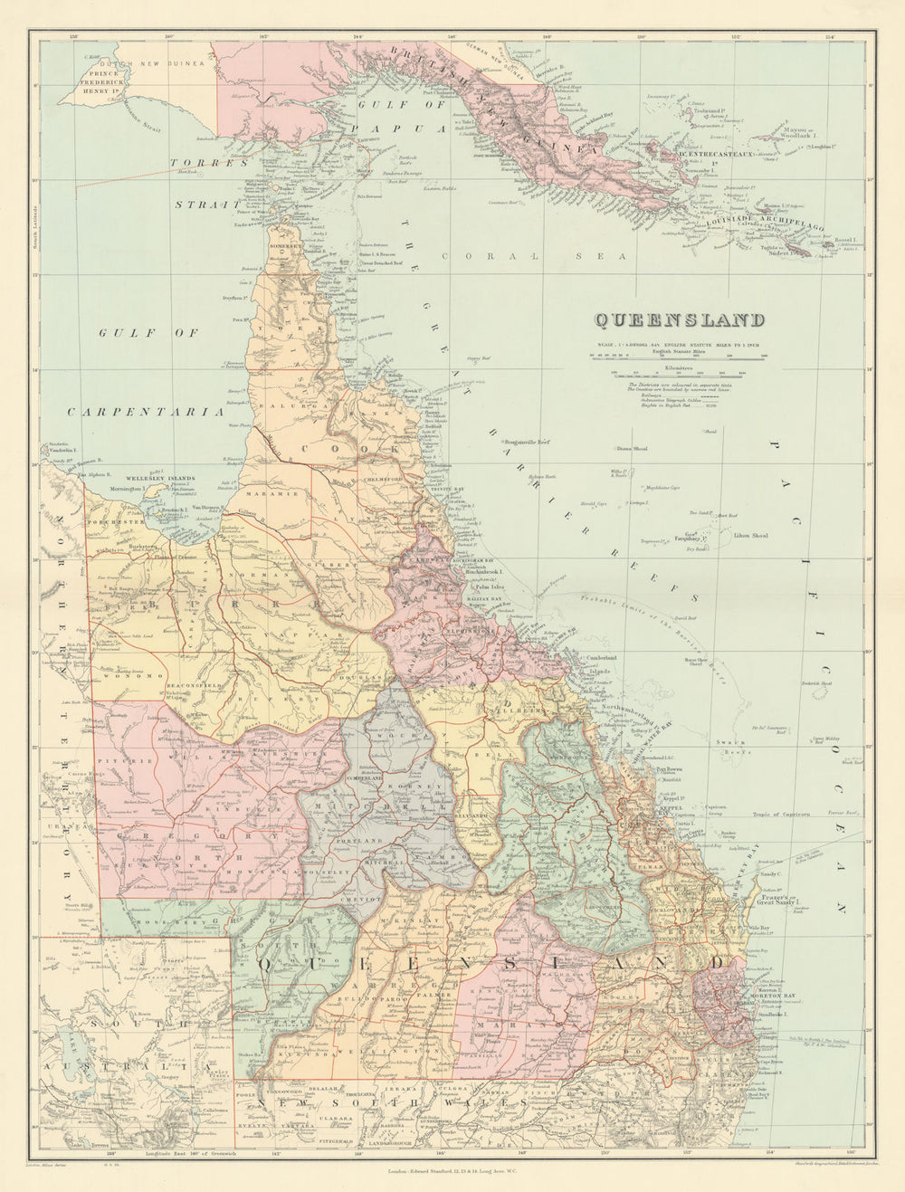 Queensland. British New Guinea. Great Barrier Reef. 68x52cm. STANFORD 1904 map