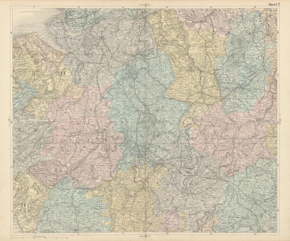 England Midlands Liverpool Manchester Nottingham Birmingham BACON 1883 old map