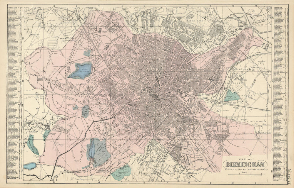 BIRMINGHAM Aston Edgbaston Ladywell Bordesley town city plan GW BACON 1883 map