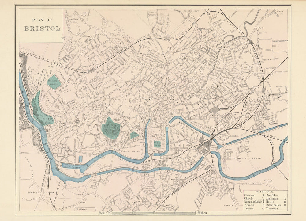 BRISTOL Clifton Cotham Easton Ashton Gate town city plan GW BACON 1883 old map