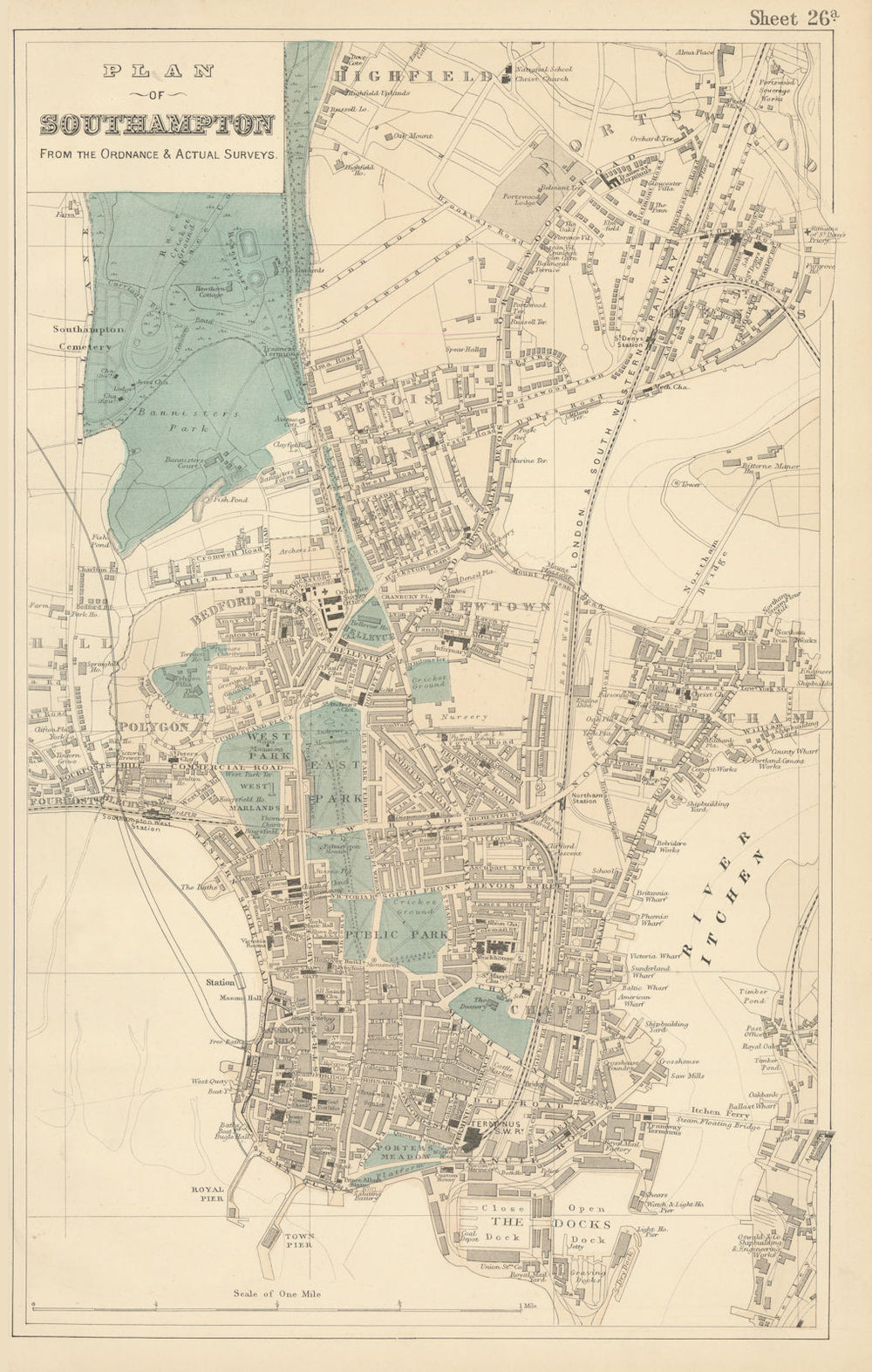 SOUTHAMPTON Northam Portswood antique town city plan by GW BACON 1883 old map