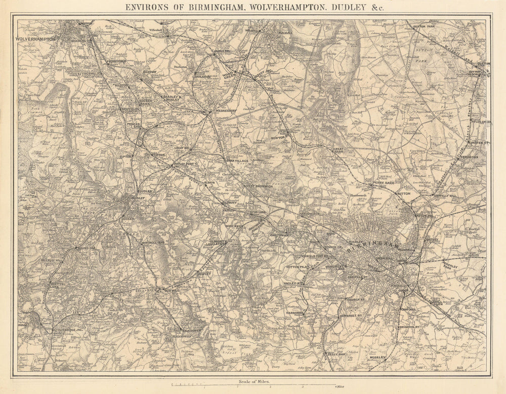 BIRMINGHAM, WOLVERHAMPTON, DUDLEY & Black Country by GW BACON 1883 old map