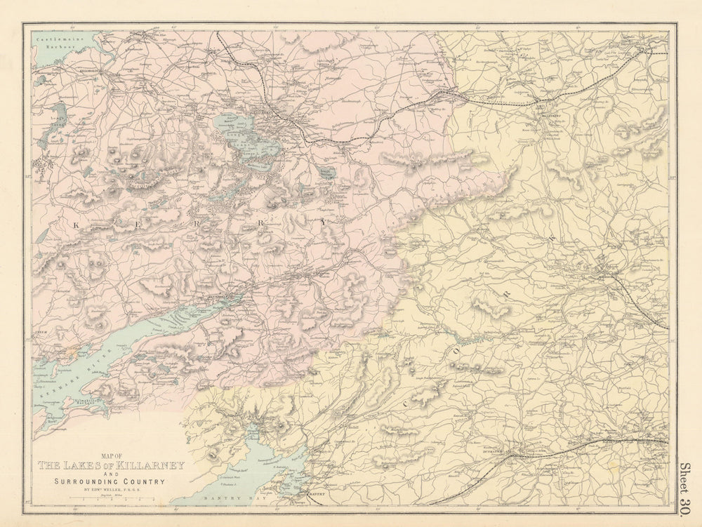 KILLARNEY LAKES Kerry Bantry Kenmare Cork. Antique map by GW BACON 1883