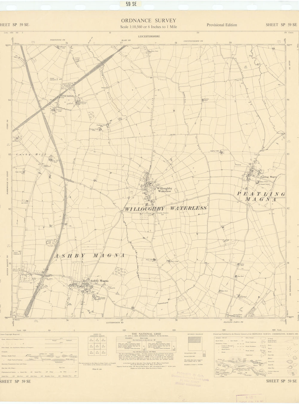 Ordnance Survey SP59SE Leics Willoughby Waterless Ashby/Peatling Magna 1955 map