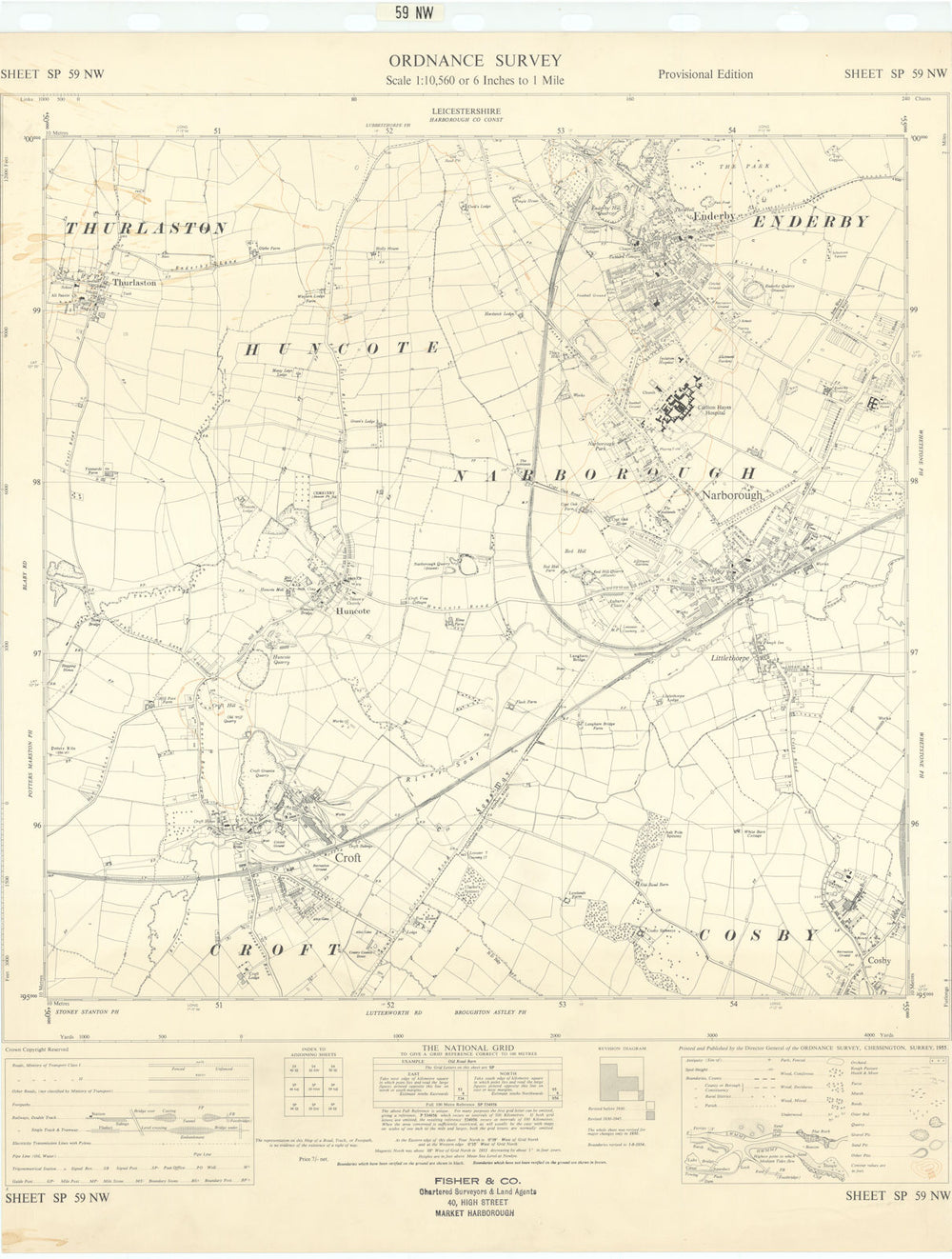 Ordnance Survey SP59NW Leics Enderby Narborrough Croft Thurlaston Cosby 1955 map
