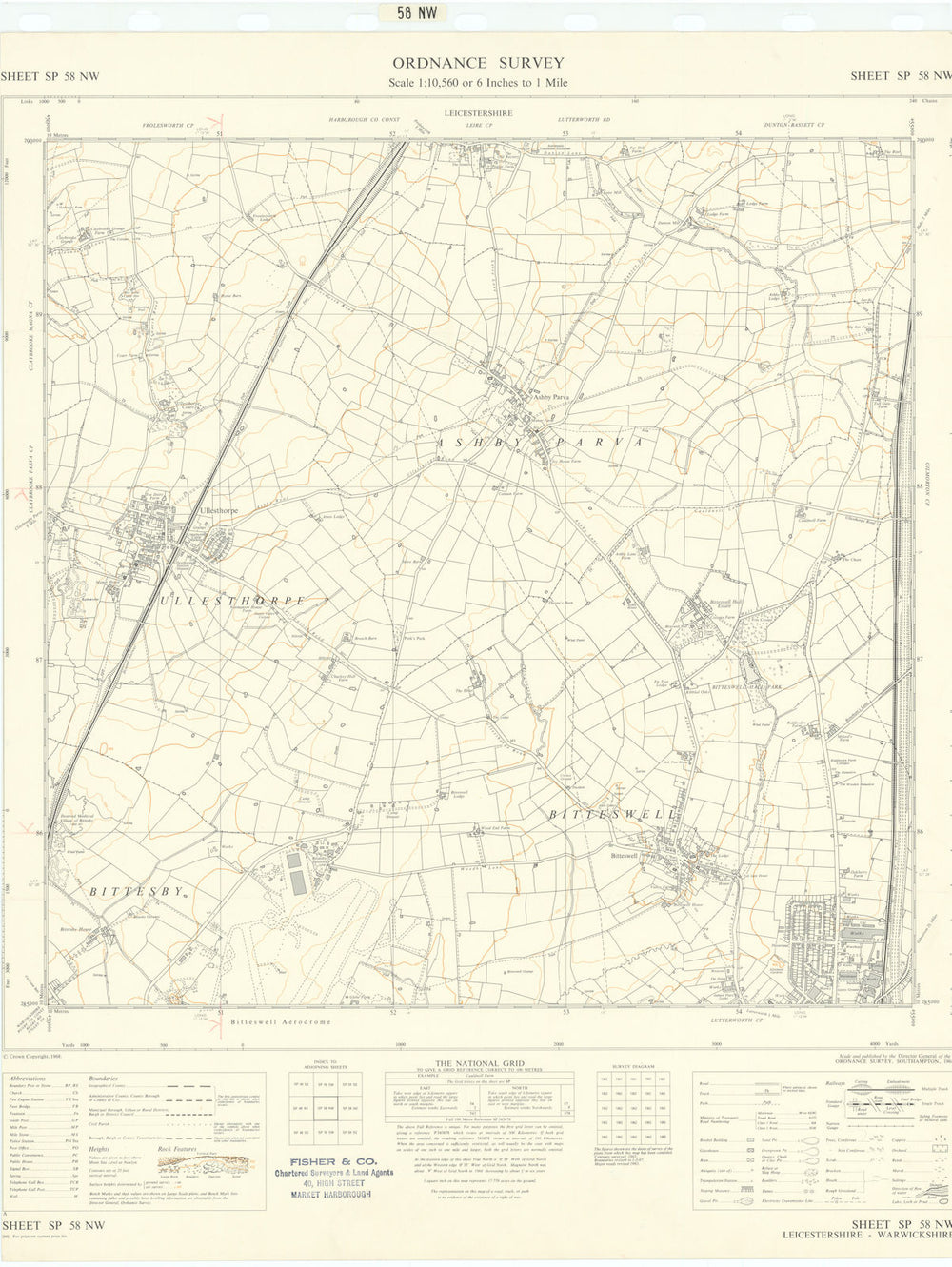 Ordnance Survey SP58NW Leics Ullesthorpe Bitteswell Ashby Parva 1968 old map