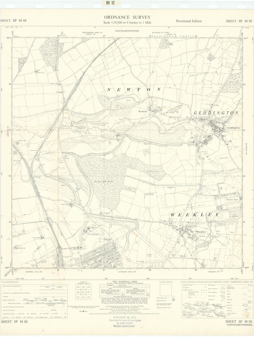 Ordnance Survey SP88SE Northamptonshire Kettering Geddington Weekley 1958 map