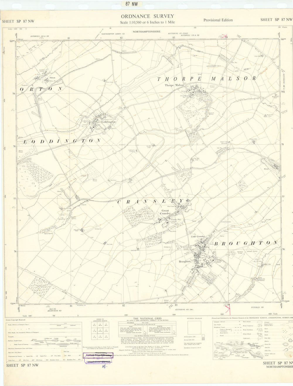 Ordnance Survey SP87NW Northants Broughton Thorpe Malson Loddington 1958 map