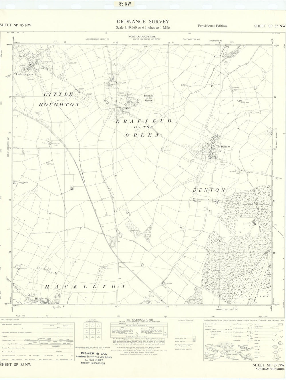 Ordnance Survey SP85NW Northants Little Houghton Denton Brafield/Green 1958 map