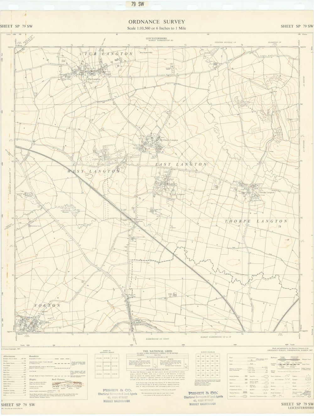 Ordnance Survey SP79SW Leics Foxton Tur East West Thorpe Langton 1967 old map