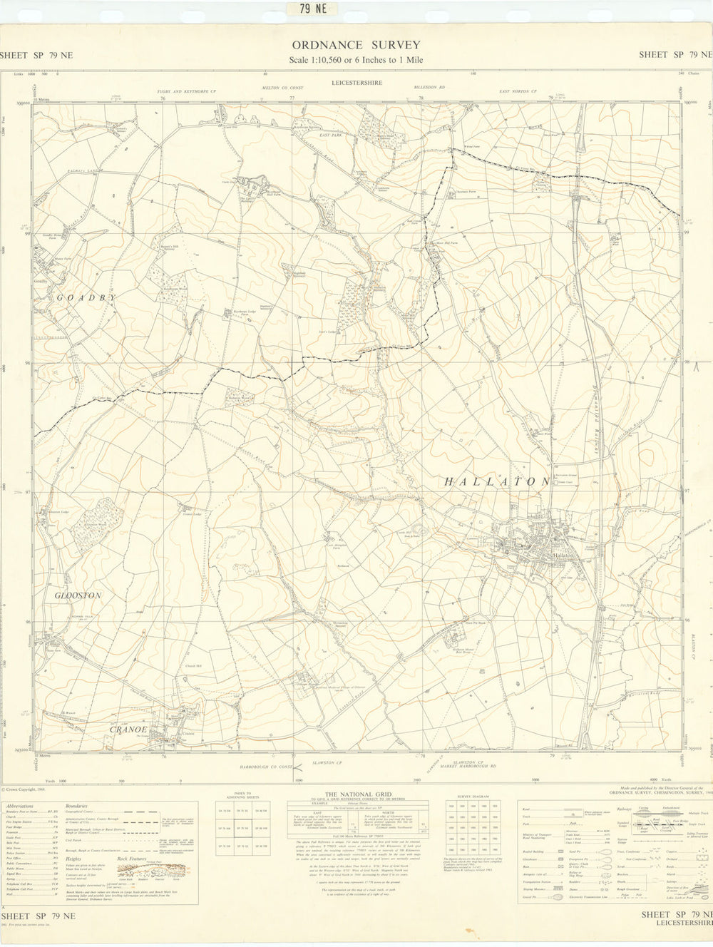 Ordnance Survey Sheet SP79NE Leicestershire Hallaton Cranoe 1968 old map
