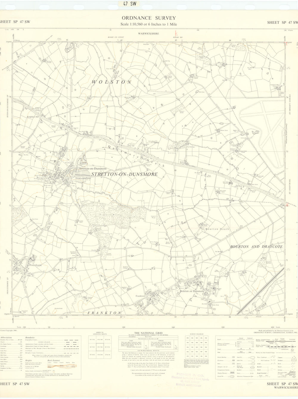 Ordnance Survey SP47SW Warks Bourton/Stretton-on-Dunsmore Frankton 1966 map