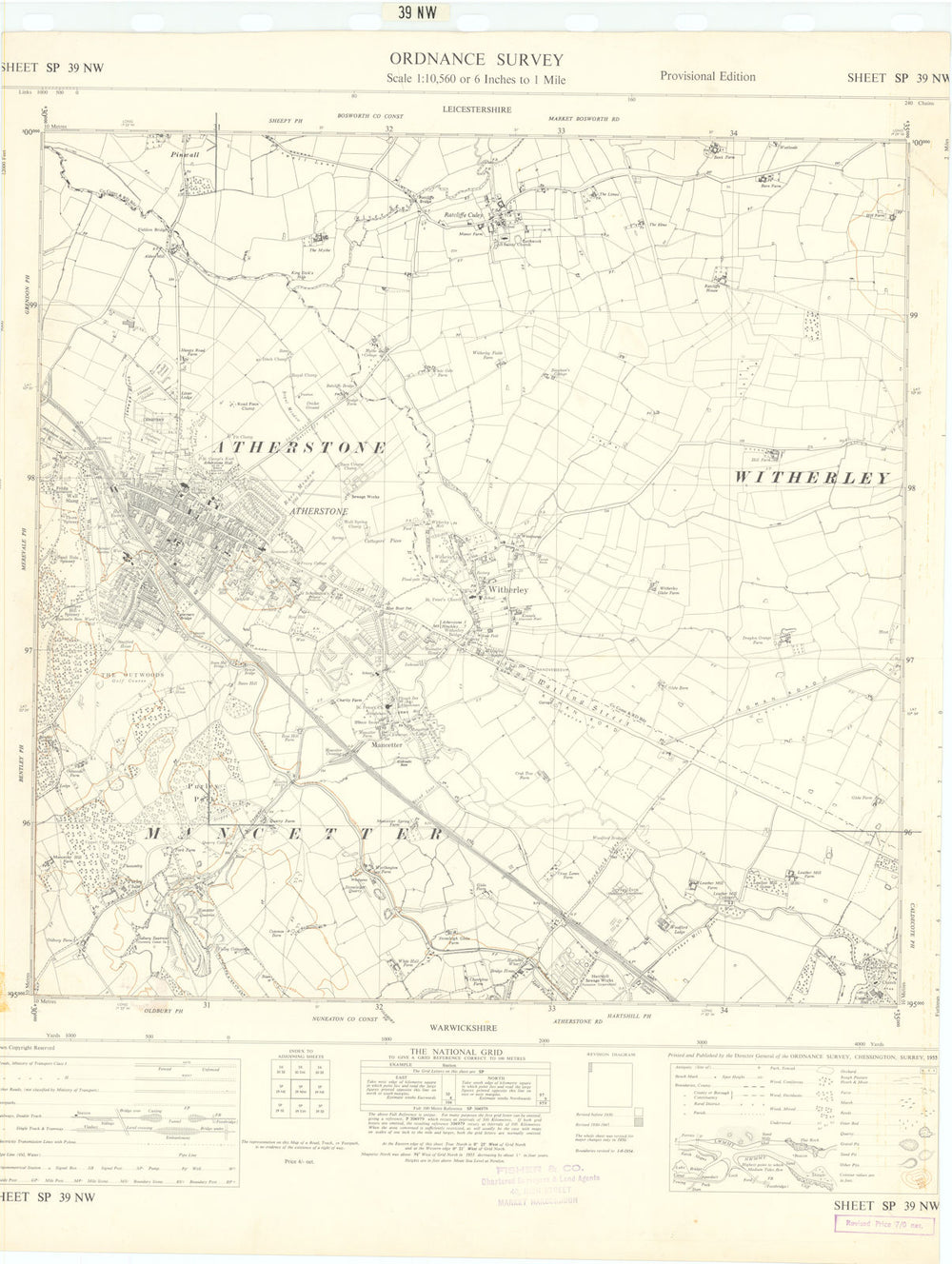 Ordnance Survey Sheet SP39NW Leicestershire Atherstone Witherley 1955 old map