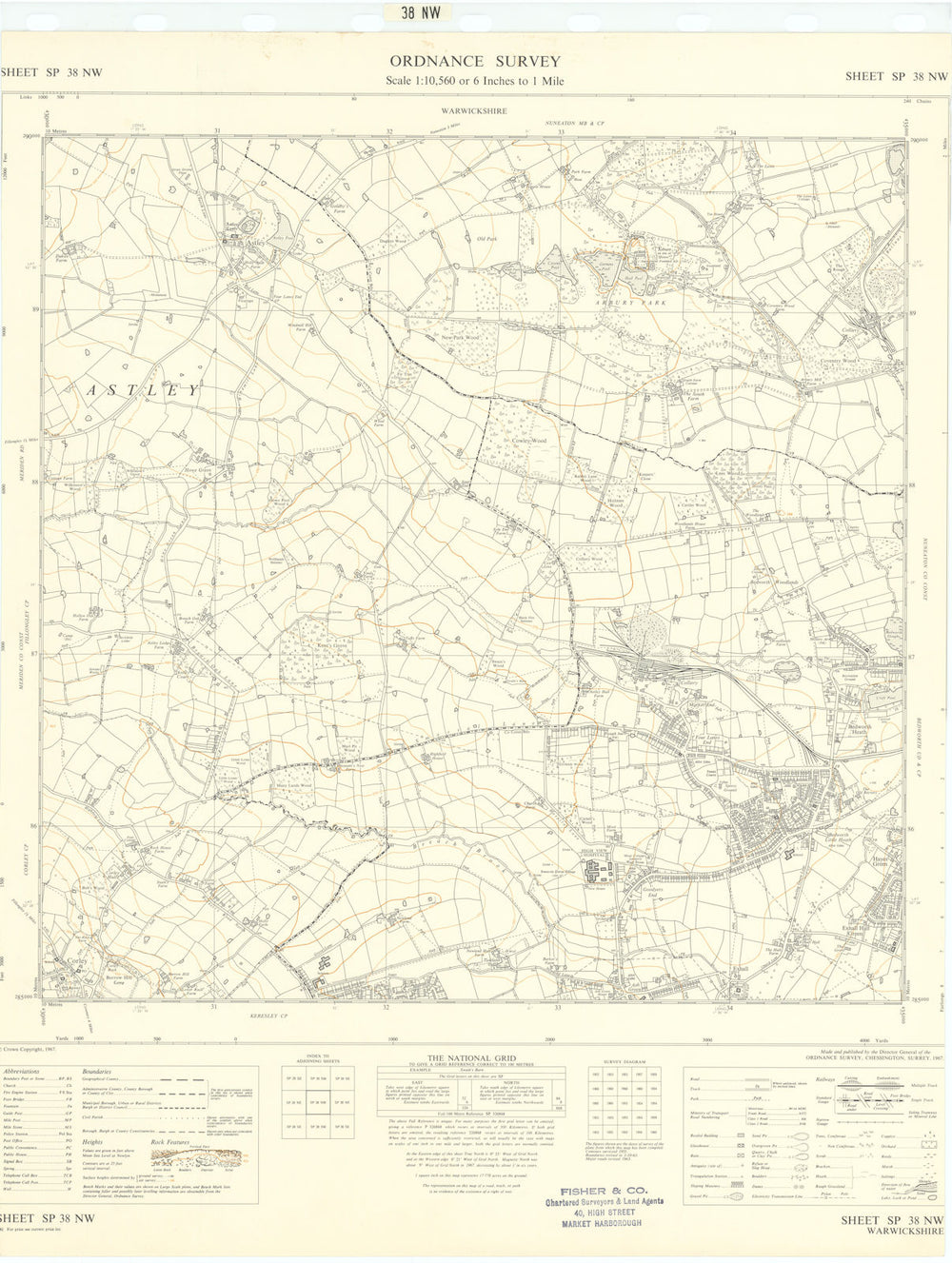 Ordnance Survey SP38NW Warks Bedworth Exhall Astley Arbery Park & Hall 1967 map